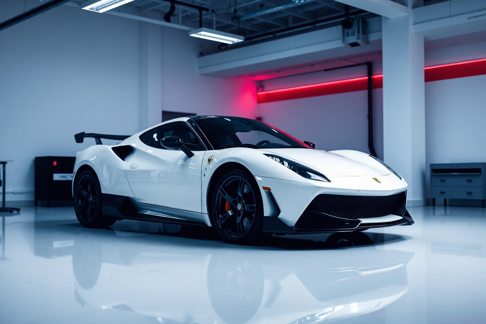Schwarzes Sportauto in professioneller Aufbereitungshalle